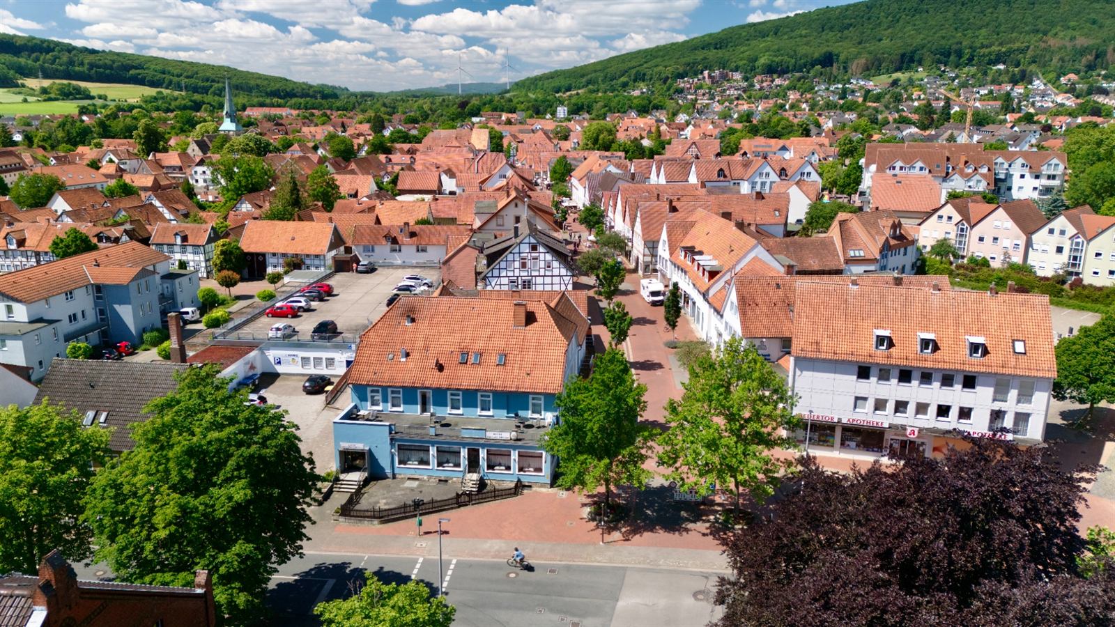 Aerial view of central Springe with the blue hotel building in the foreground