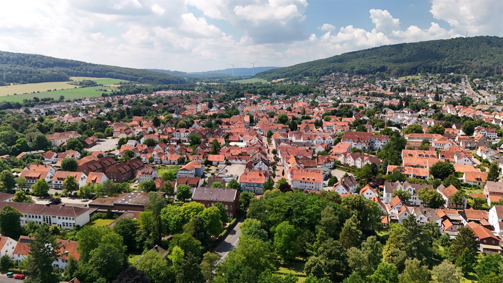 View across Springe with the wooded slopes of the Deister in the background